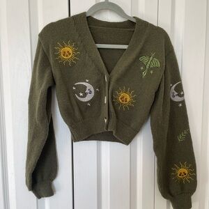 Cropped Olive Cardigan with Embroidery